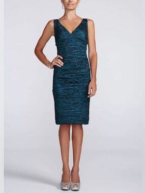 Xscape Teal Metallic Ruched Stretch Taffeta Vneck Dress Size 8